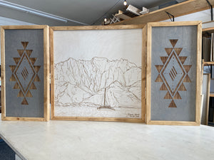 3 Piece Set Hand Sketched Kawaii Island Na Pali Coast Square With Diamond Aztec Wood Artwork