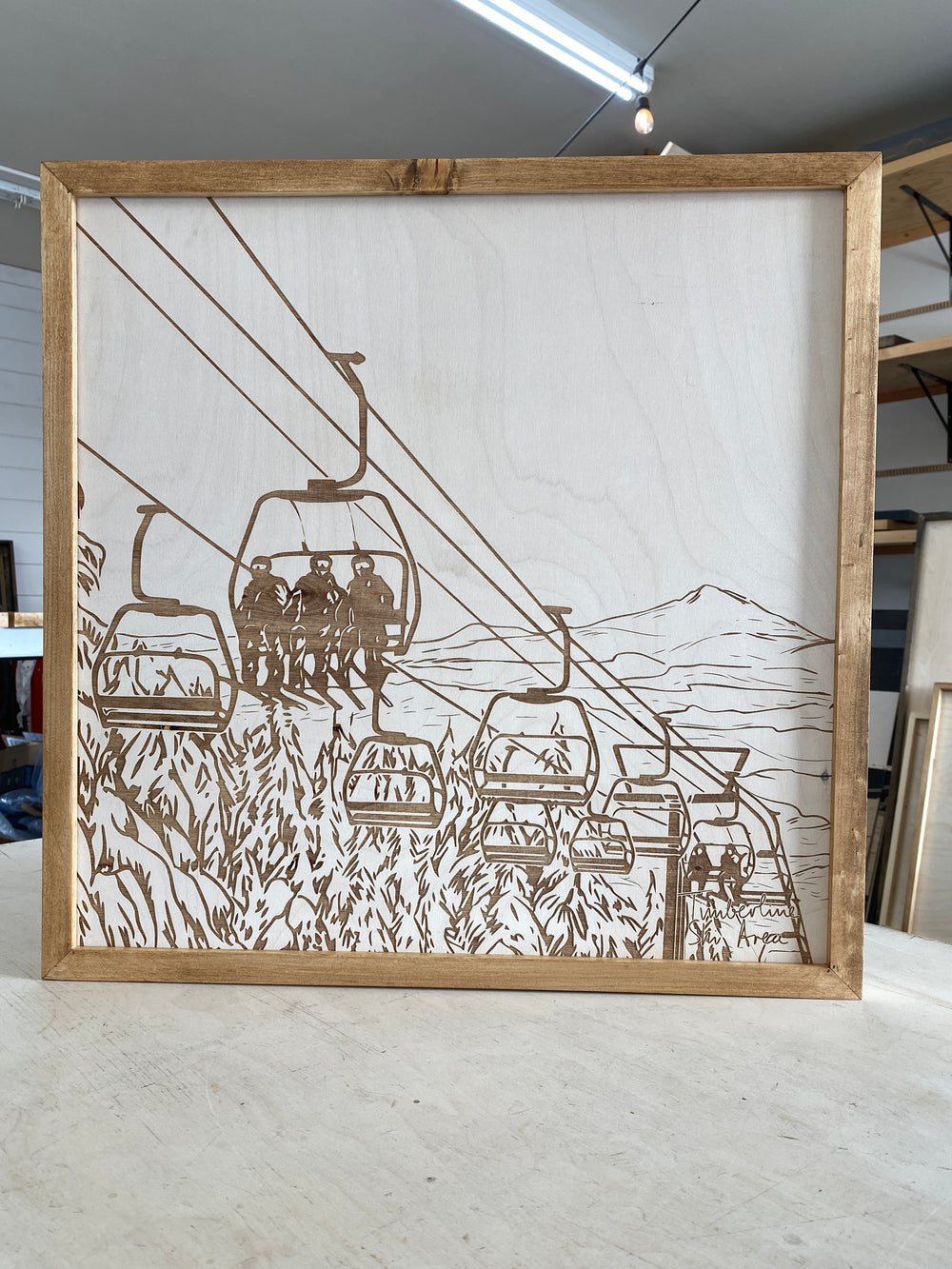 Hand Sketched Timberline Ski Area Square Wood Artwork