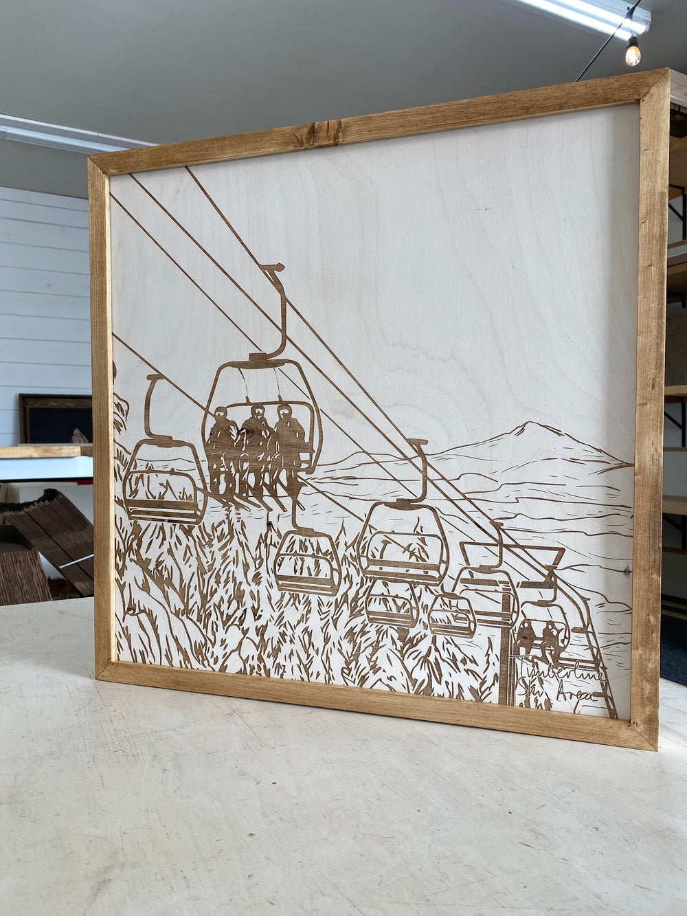 Hand Sketched Timberline Ski Area Square Wood Artwork