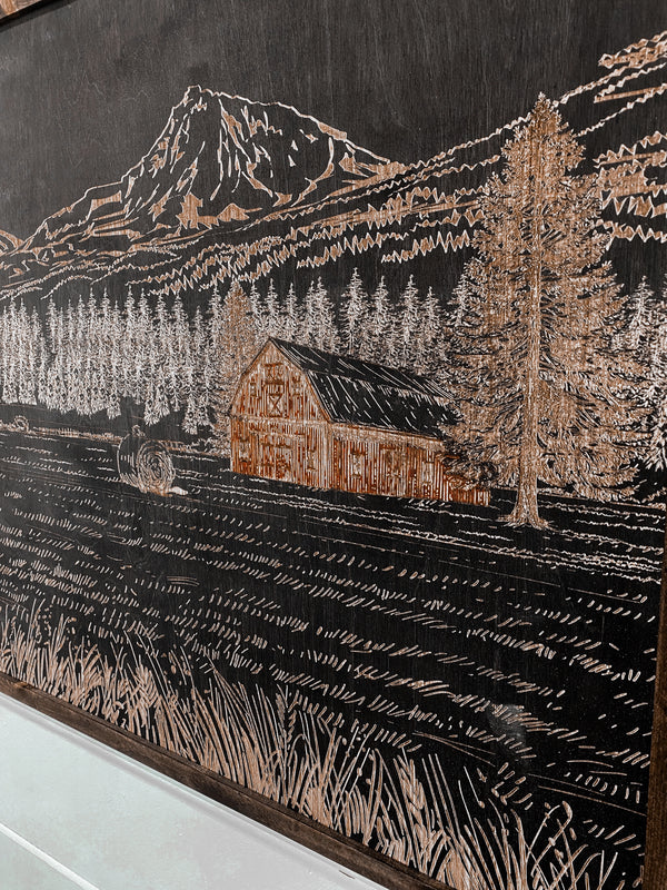 Hand Sketched Three Sisters Hay Farm Wood Artwork