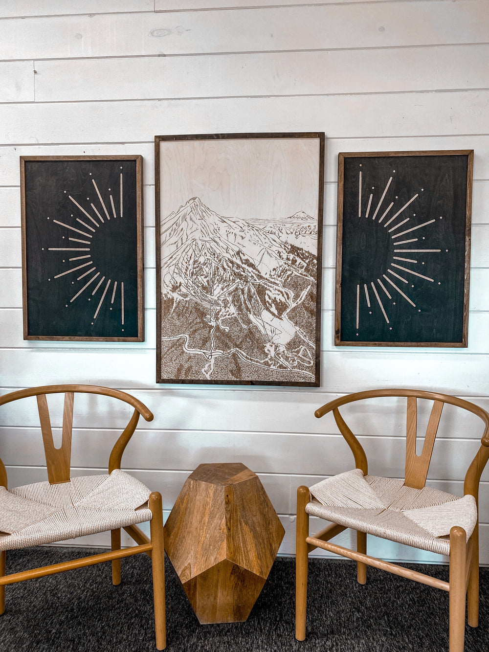 3 Piece Hand Sketched The Meadows at Mt Hood & Sunburst Wood Artwork