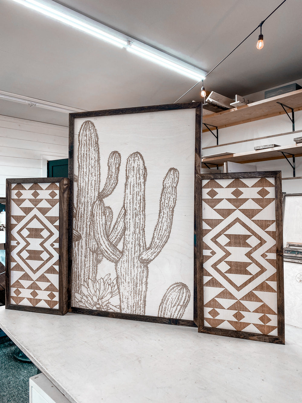 Cactus And Sunburst Engraved Wooden Wall Decor Set | 3 Piece Set Artwork Set