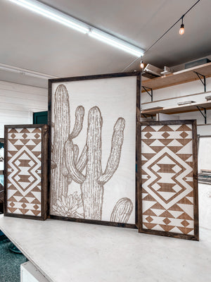 Cactus And Sunburst Engraved Wooden Wall Decor Set | 3 Piece Set Artwork Set