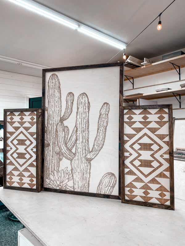 Cactus And Sunburst Engraved Wooden Wall Decor Set | 3 Piece Set Artwork Set