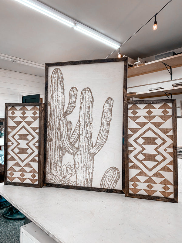 Cactus And Sunburst Engraved Wooden Wall Decor Set | 3 Piece Set Artwork Set