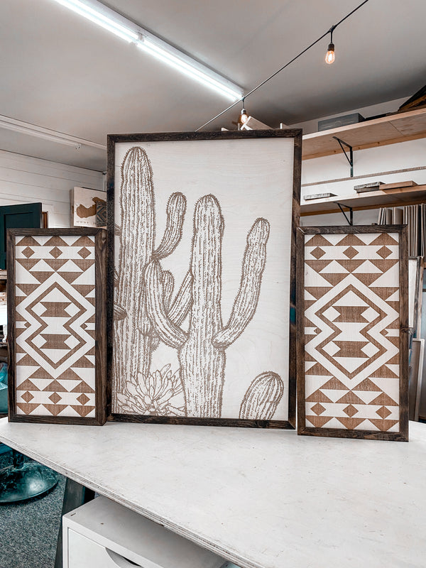 Cactus And Sunburst Engraved Wooden Wall Decor Set | 3 Piece Set Artwork Set