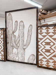 3 Piece Hand Sketched Cactus & Bold Aztec Wood Artwork