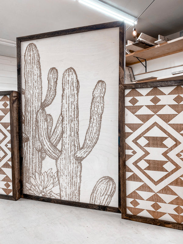 Cactus And Sunburst Engraved Wooden Wall Decor Set | 3 Piece Set Artwork Set
