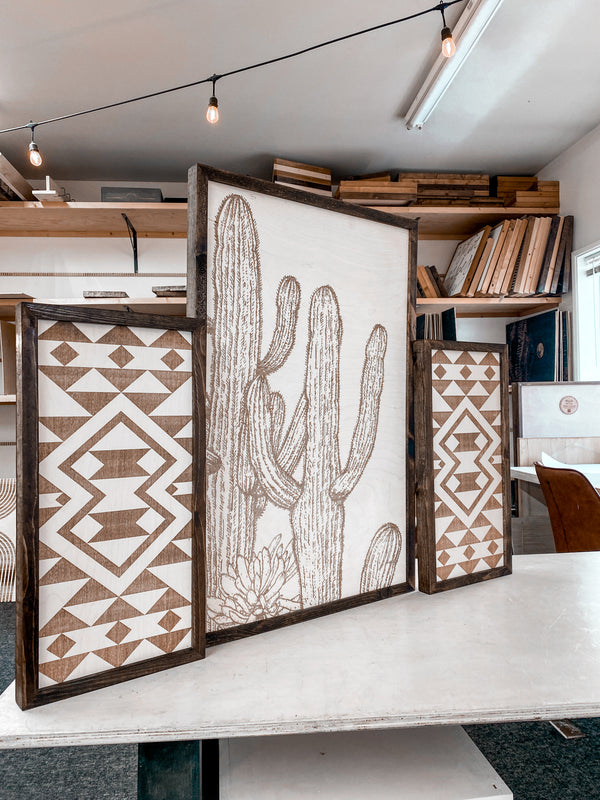 Cactus And Sunburst Engraved Wooden Wall Decor Set | 3 Piece Set Artwork Set