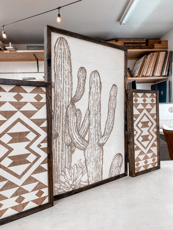 Cactus And Sunburst Engraved Wooden Wall Decor Set | 3 Piece Set Artwork Set