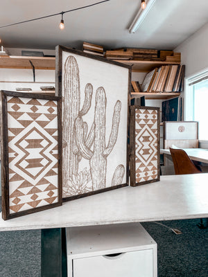 Cactus And Sunburst Engraved Wooden Wall Decor Set | 3 Piece Set Artwork Set
