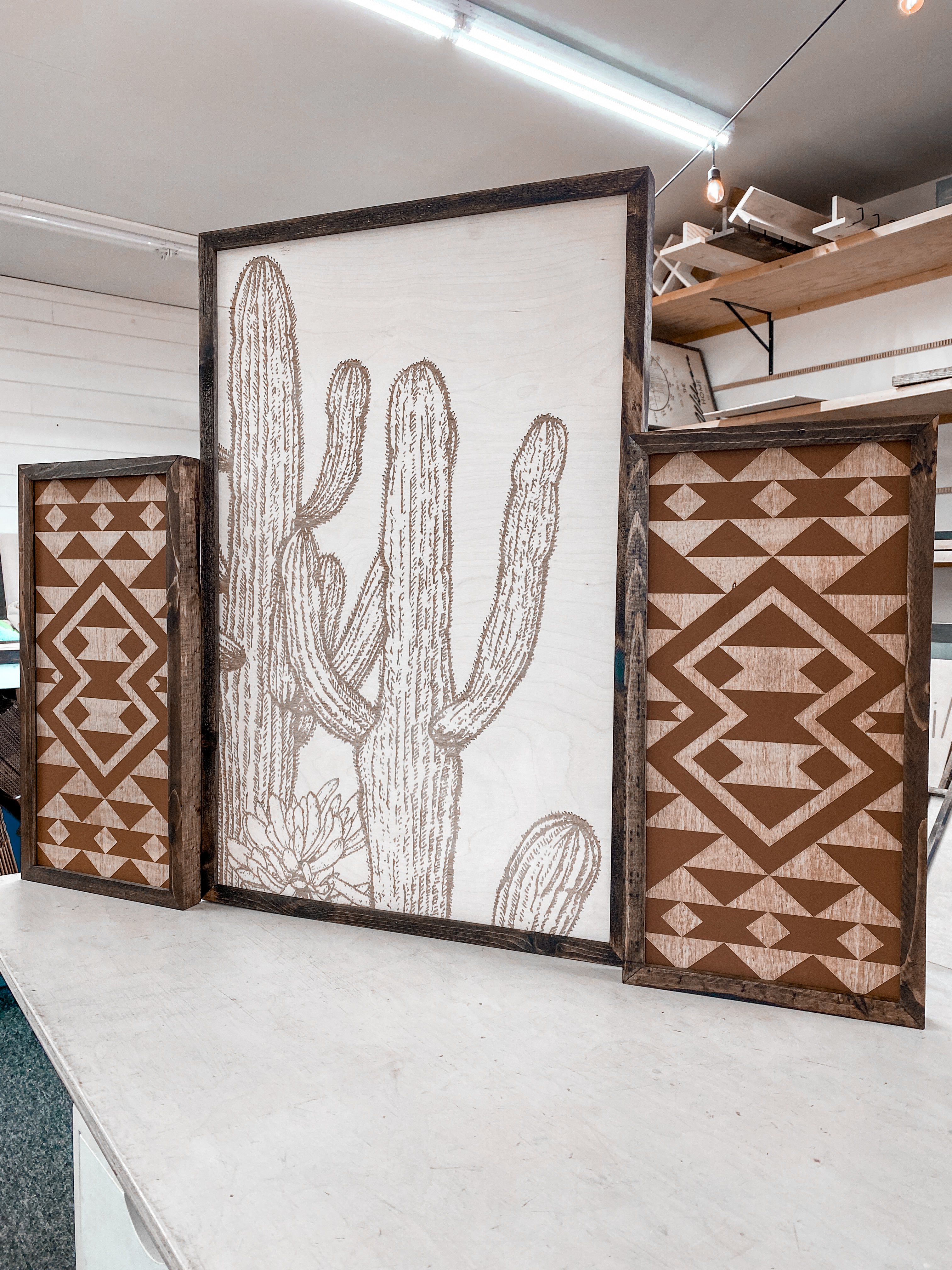 3 Piece Hand Sketched Cactus & Bold Aztec Wood Artwork