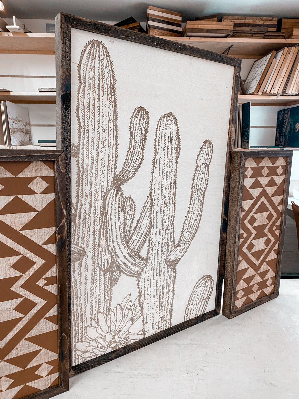 Cactus And Aztec Engraved Wood Wall Decor Set | 3 Piece Set Artwork Set