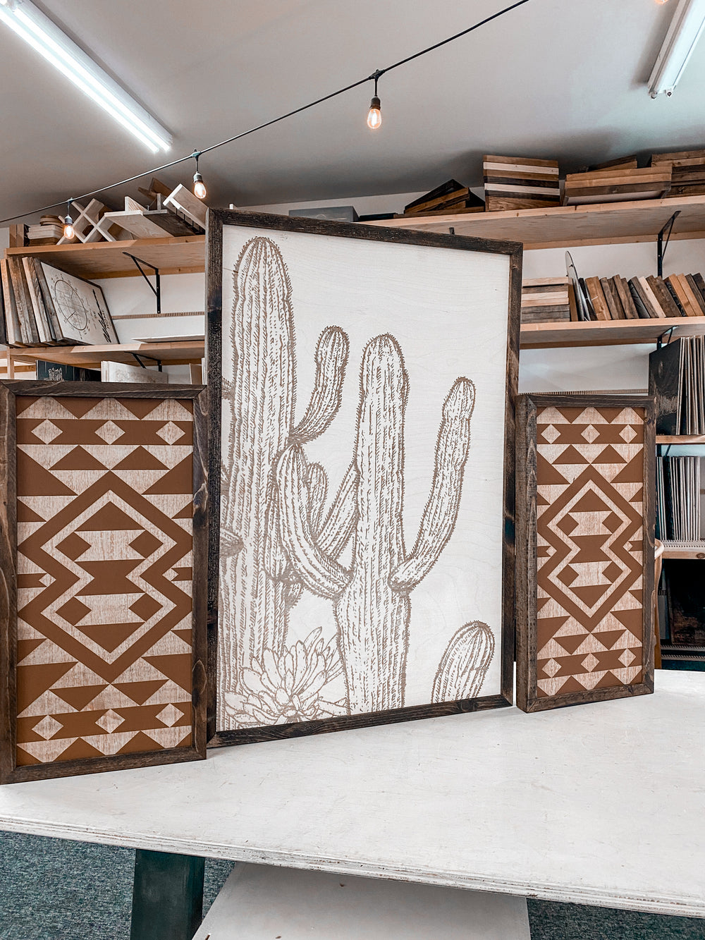 Cactus And Aztec Engraved Wood Wall Decor Set | 3 Piece Set Artwork Set