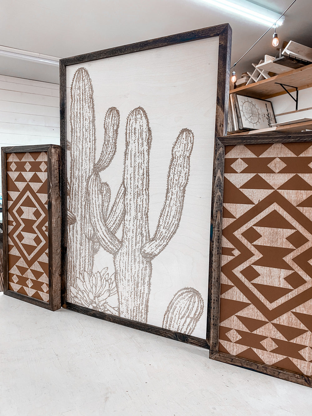 Cactus & Aztec Wood Wall Art | 3 Piece Art Set | Cactus Wall Decor