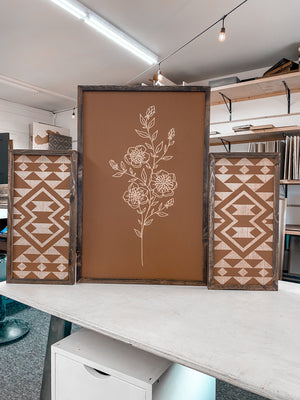 3 Piece Hand Sketched Flower & Bold Aztec Wood Artwork
