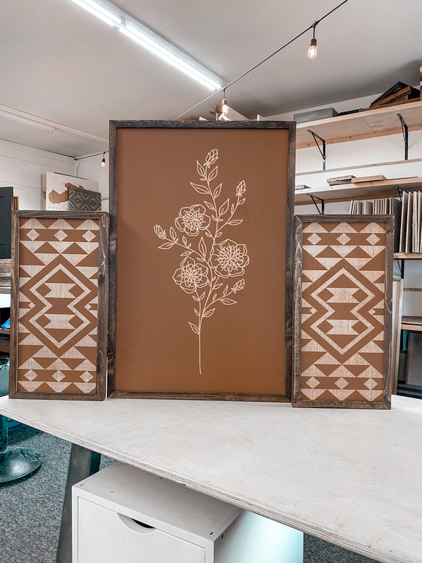3 Piece Hand Sketched Flower & Bold Aztec Wood Artwork