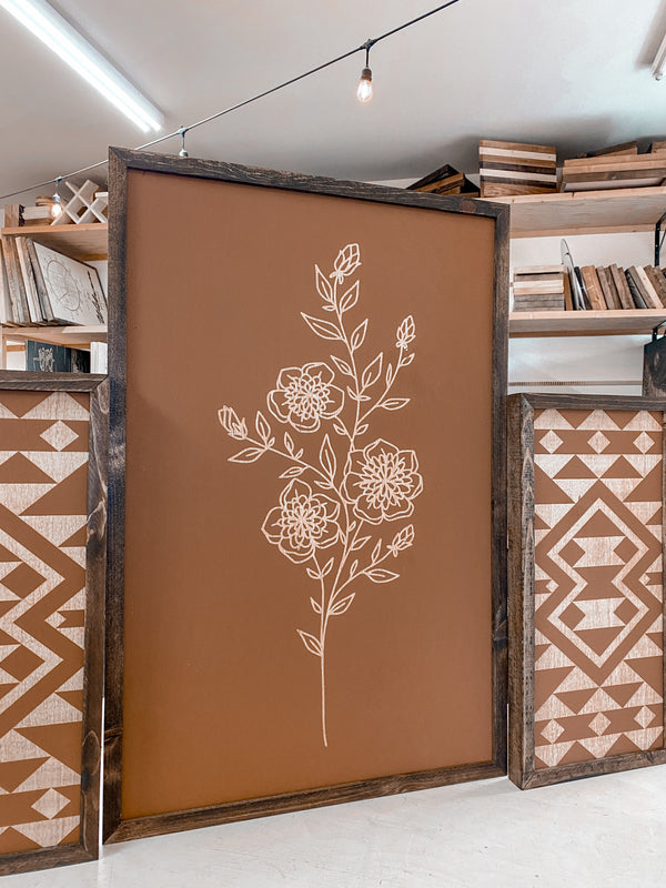 3 Piece Hand Sketched Flower & Bold Aztec Wood Artwork