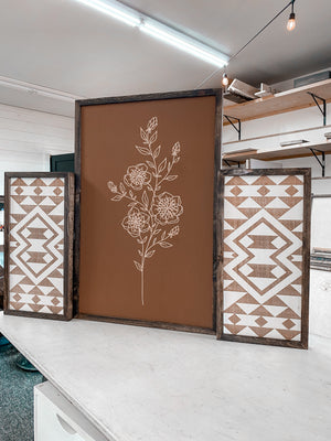 3 Piece Hand Sketched Flower & Bold Aztec Wood Artwork