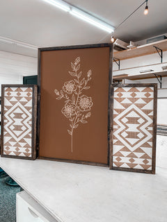 3 Piece Hand Sketched Flower & Bold Aztec Wood Artwork
