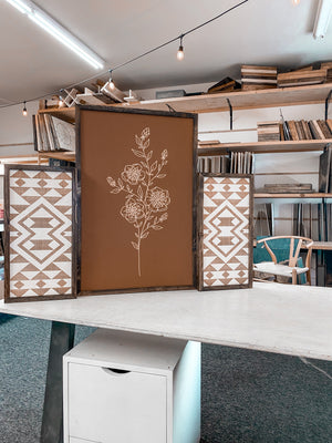 3 Piece Hand Sketched Flower & Bold Aztec Wood Artwork