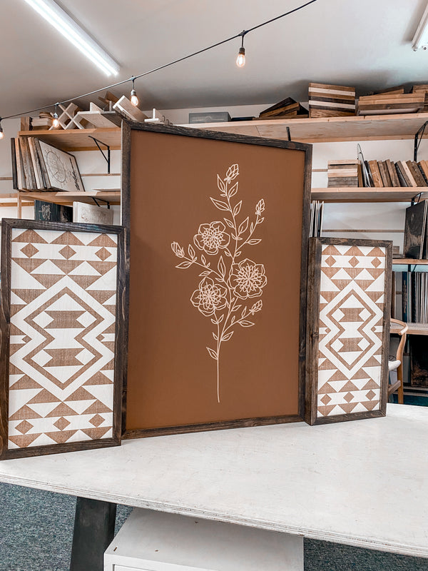 3 Piece Hand Sketched Flower & Bold Aztec Wood Artwork