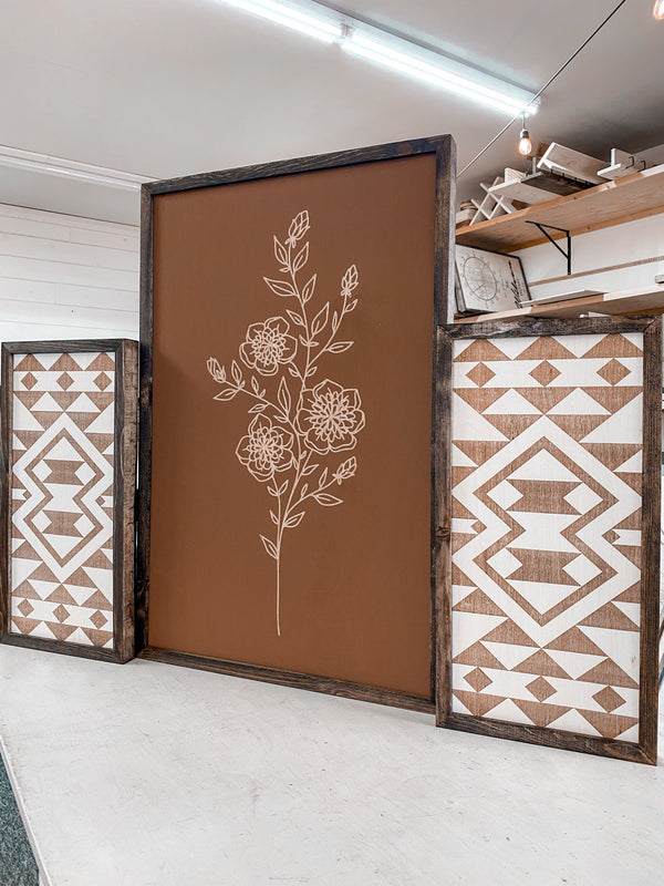 3 Piece Hand Sketched Flower & Bold Aztec Wood Artwork