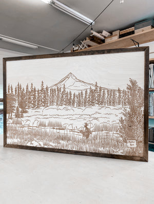 Metolius River Lake Hand Sketched Engraved Wooden Artwork