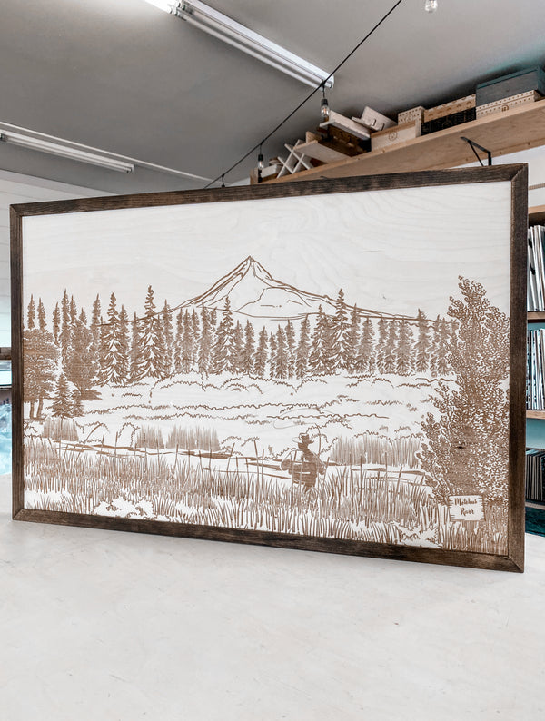Metolius River Lake Hand Sketched Engraved Wooden Artwork