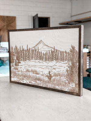 Metolius River Lake Hand Sketched Engraved Wooden Artwork