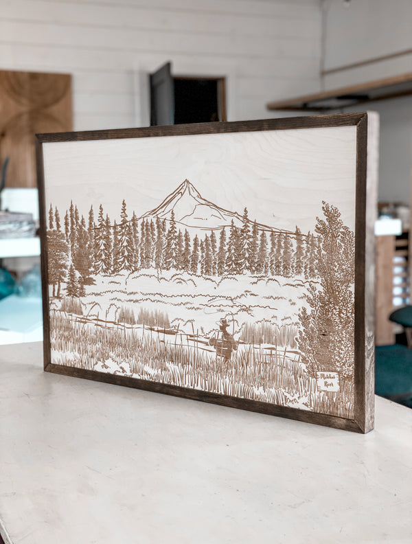 Metolius River Lake Hand Sketched Engraved Wooden Artwork