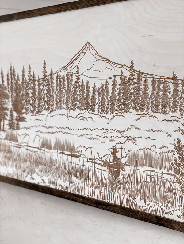 Metolius River Lake Hand Sketched Engraved Wooden Artwork