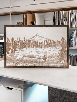Metolius River Lake Hand Sketched Engraved Wooden Artwork