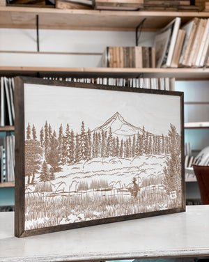 Metolius River Lake Hand Sketched Engraved Wooden Artwork