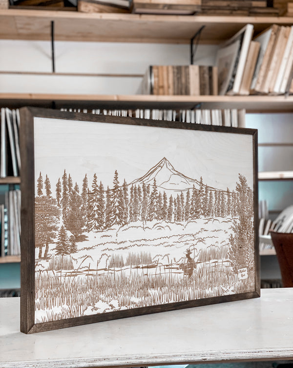 Metolius River Lake Hand Sketched Engraved Wooden Artwork