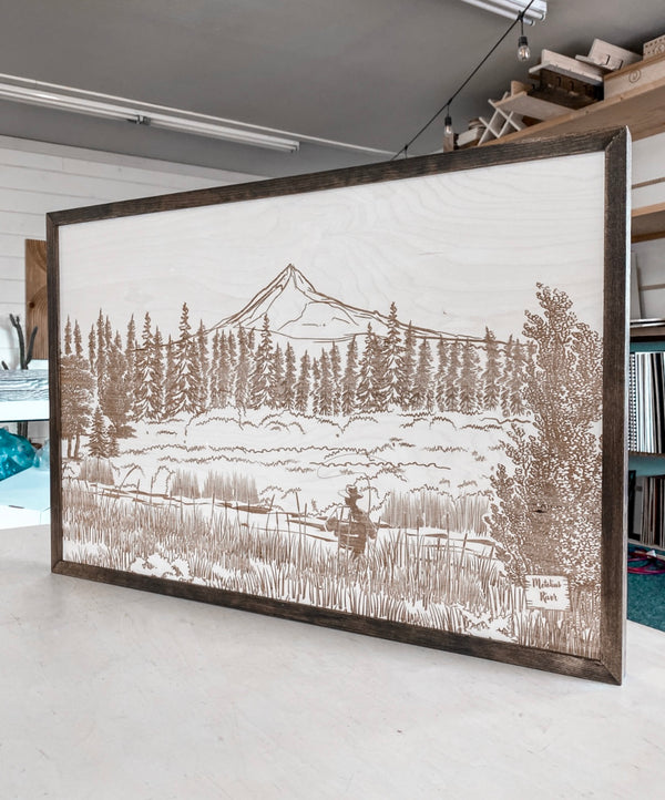 Metolius River Lake Hand Sketched Engraved Wooden Artwork