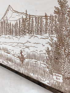 Metolius River Lake Hand Sketched Engraved Wooden Artwork