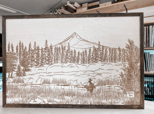 Metolius River Lake Hand Sketched Engraved Wooden Artwork