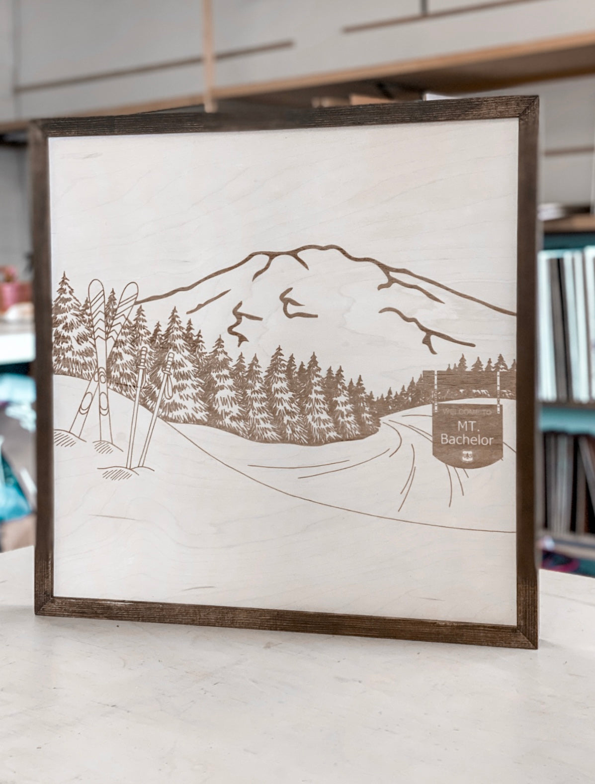Mount Bachelor Hand Sketched Engraved Wooden Artwork