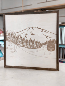 Mount Bachelor Hand Sketched Engraved Wooden Artwork (Sisters Coffee)