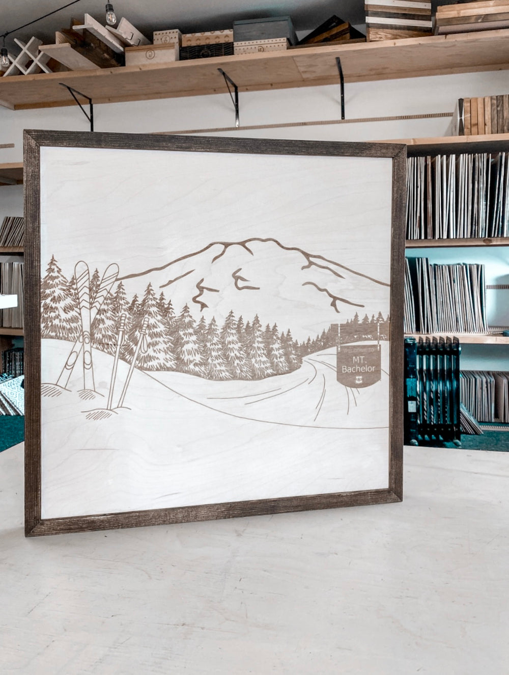 Mount Bachelor Hand Sketched Engraved Wooden Artwork