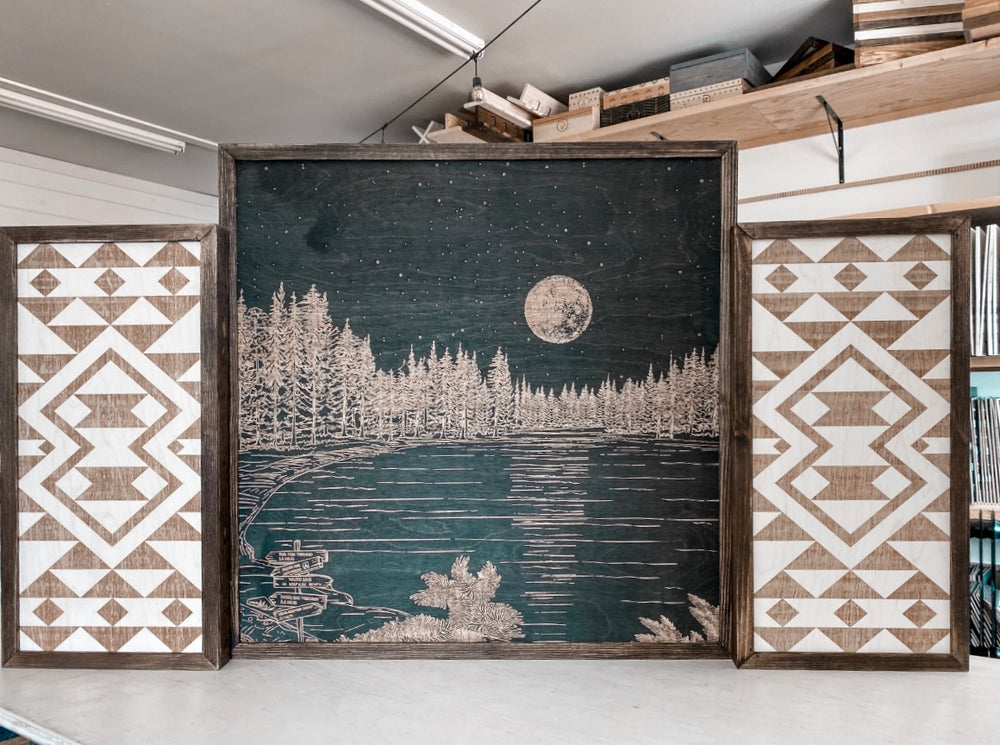 Waldo Lake And Aztec Hand Sketched Engraved Wooden Artwork