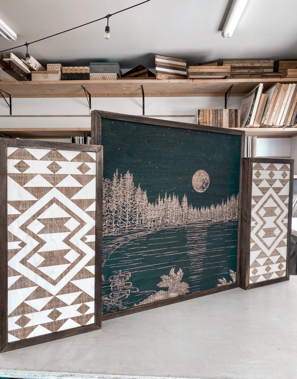 Waldo Lake And Aztec Hand Sketched Engraved Wooden Artwork