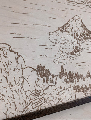 Crater Lake Discovery Point Oregon Hand Sketched Engraved Wooden Artwork