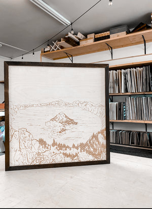 Crater Lake Discovery Point Oregon Hand Sketched Engraved Wooden Artwork