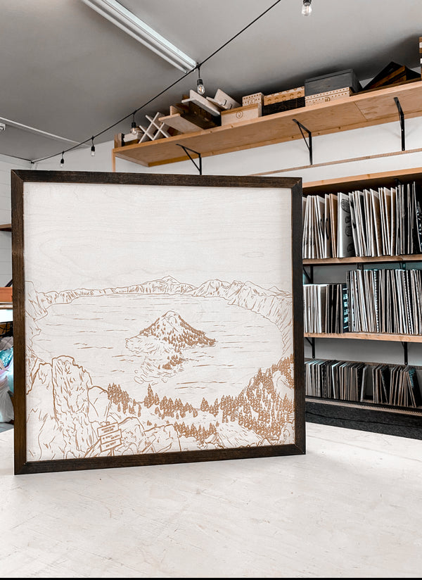 Crater Lake Discovery Point Oregon Hand Sketched Engraved Wooden Artwork