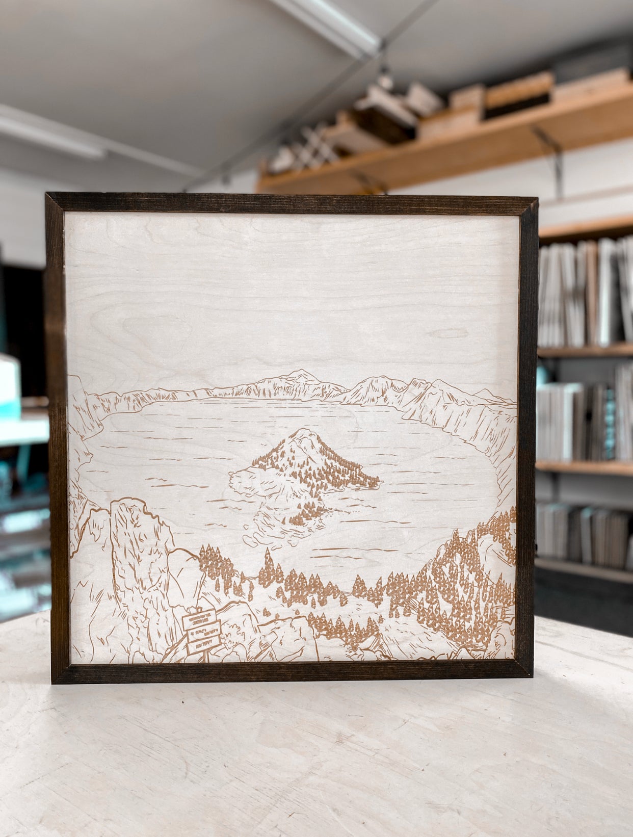 Crater Lake Oregon Hand Sketched Engraved Wooden Artwork