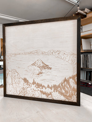 Crater Lake Discovery Point Oregon Hand Sketched Engraved Wooden Artwork