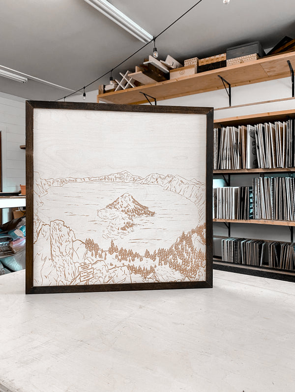 Crater Lake Discovery Point Oregon Hand Sketched Engraved Wooden Artwork