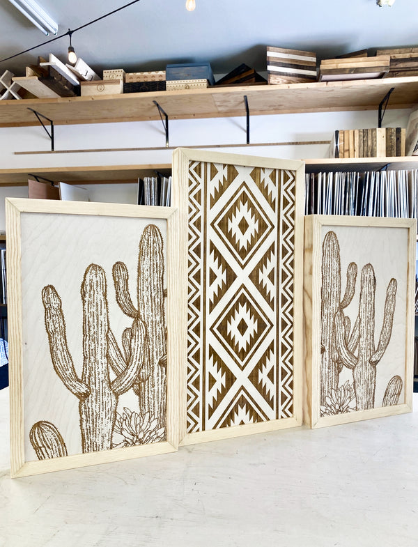 Three Piece Aztec & Cactus Artwork Set | Cactus Wood Wall Decor